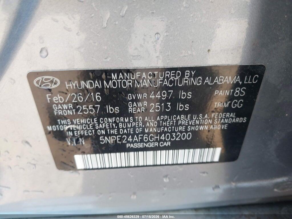 5NPE24AF6GH403200 2016 HYUNDAI SONATA photo no. 9