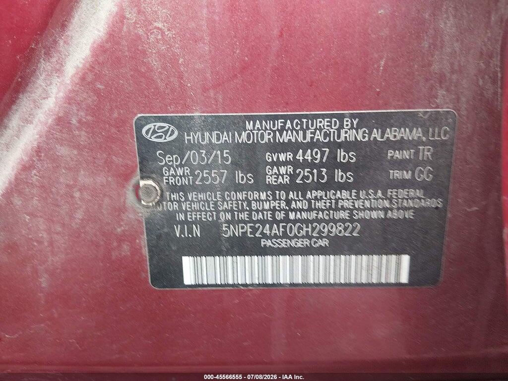 5NPE24AF0GH299822 2016 HYUNDAI SONATA photo no. 9