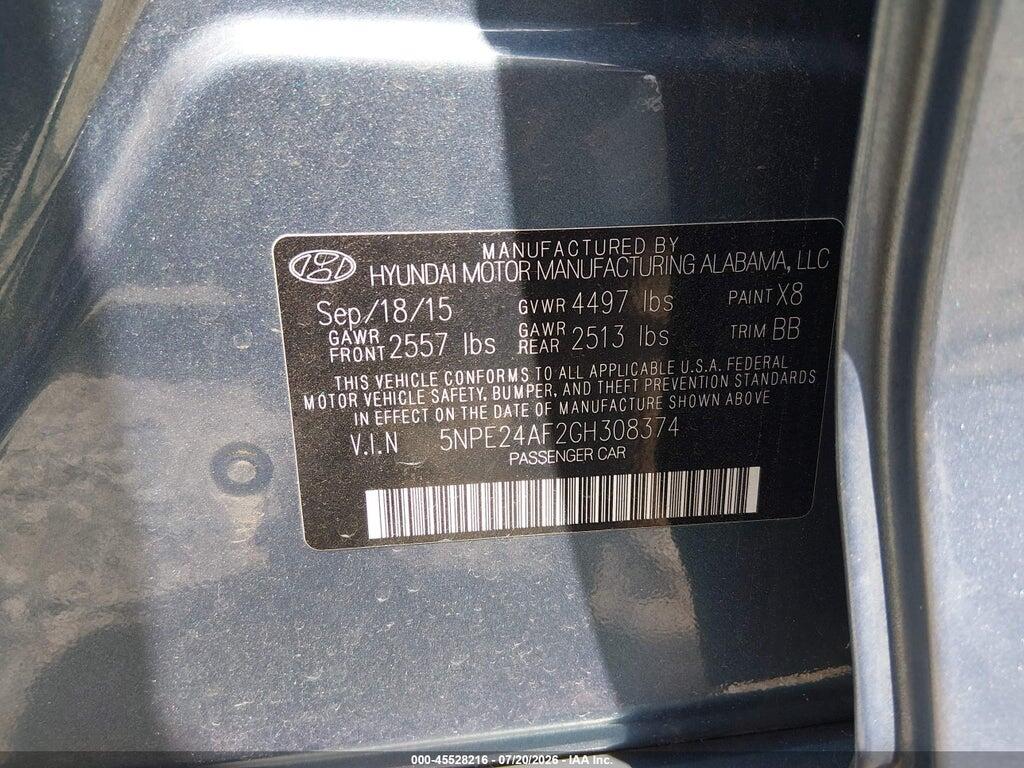 5NPE24AF2GH308374 2016 HYUNDAI SONATA photo no. 9