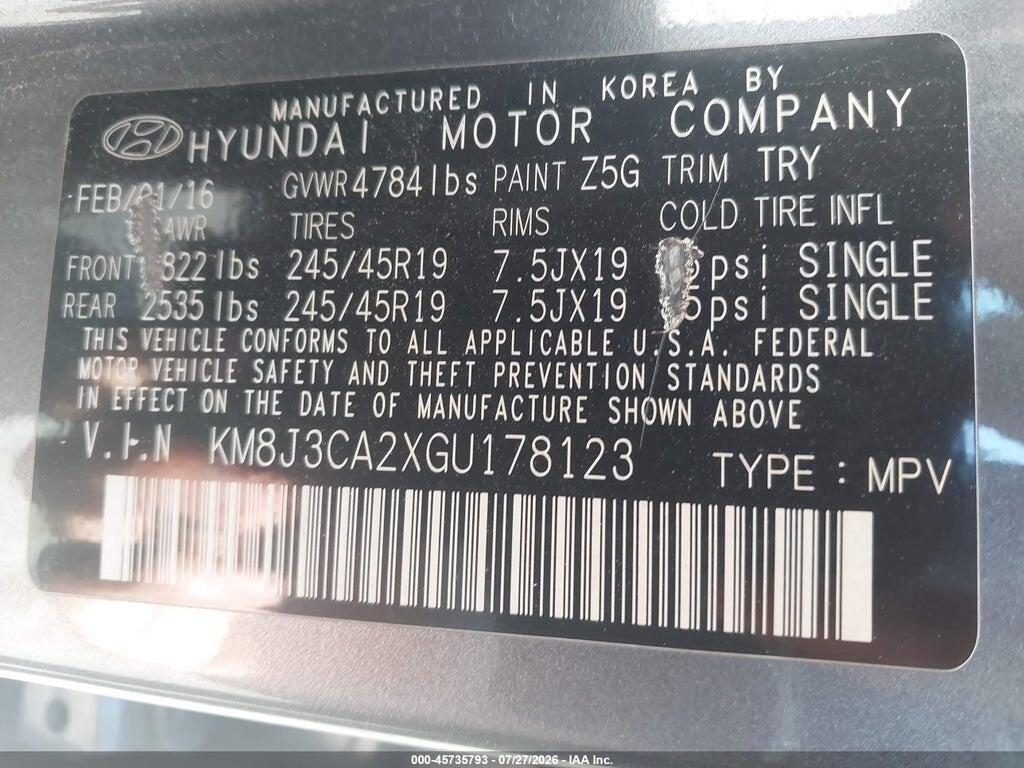 KM8J3CA2XGU178123 2016 HYUNDAI TUCSON photo no. 9