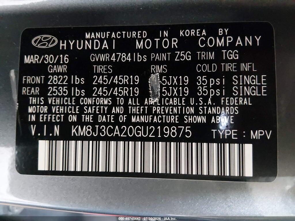 KM8J3CA20GU219875 2016 HYUNDAI TUCSON photo no. 9