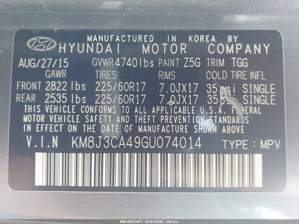 KM8J3CA49GU074014 2016 HYUNDAI TUCSON photo no. 9