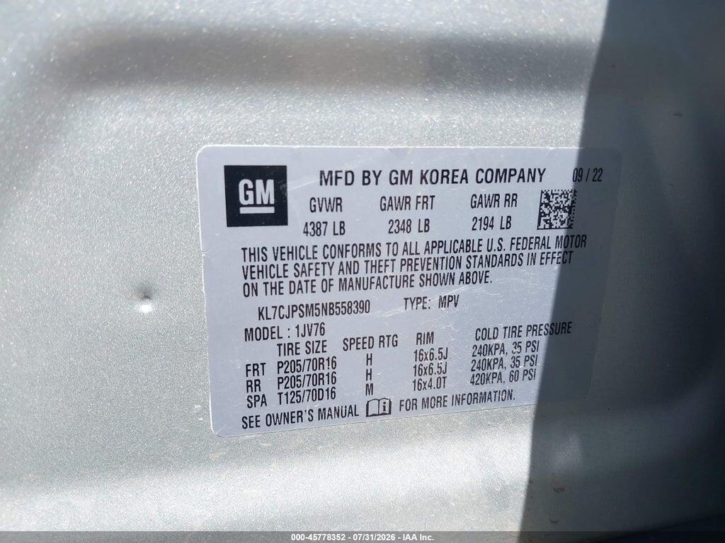 KL7CJPSM5NB558390 2022 CHEVROLET TRAX photo no. 9