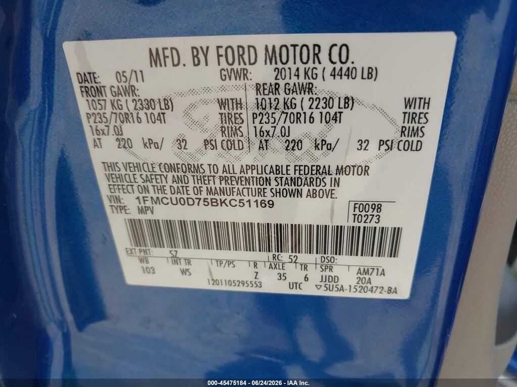 1FMCU0D75BKC51169 2011 FORD ESCAPE photo no. 9
