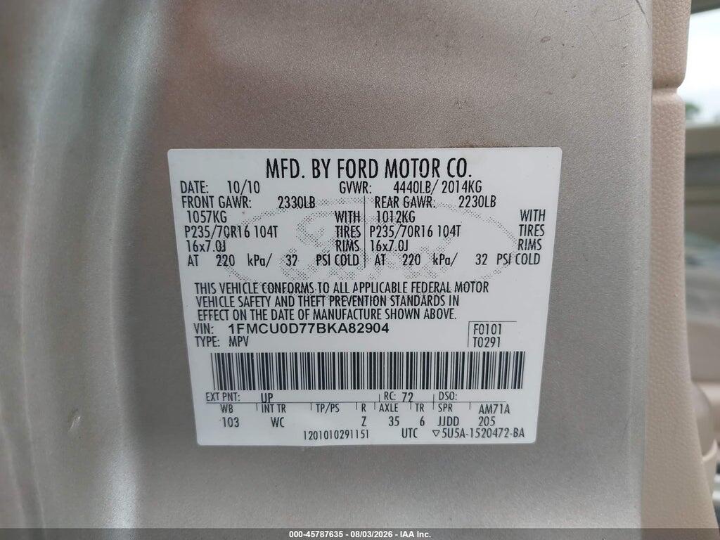 1FMCU0D77BKA82904 2011 FORD ESCAPE photo no. 9