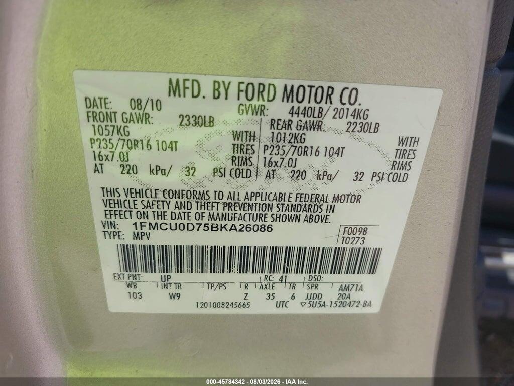 1FMCU0D75BKA26086 2011 FORD ESCAPE photo no. 9