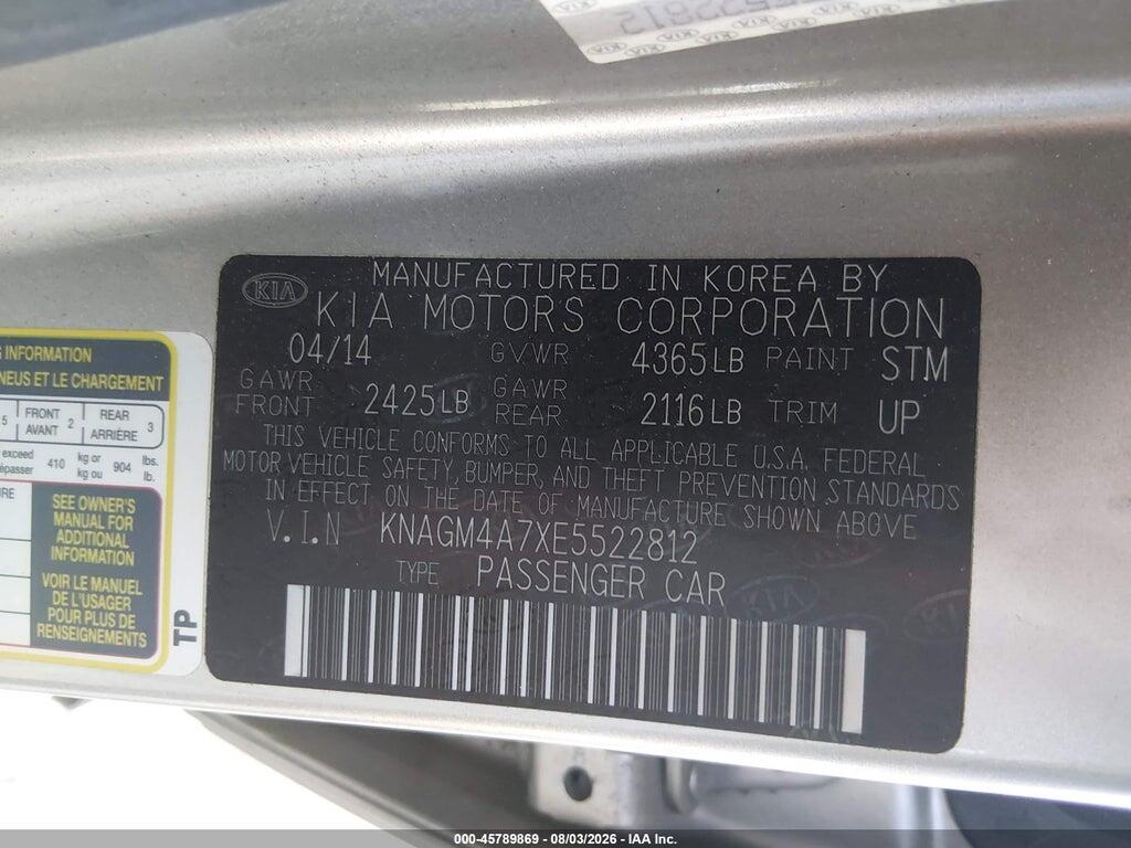 KNAGM4A7XE5522812 2014 KIA OPTIMA photo no. 9