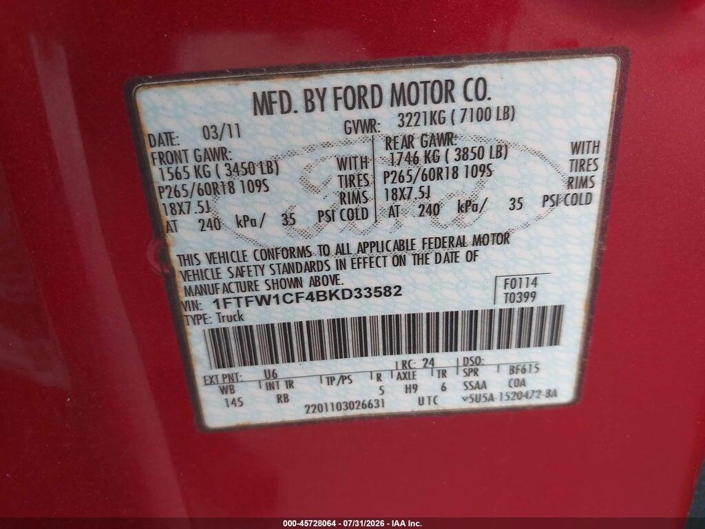 1FTFW1CF4BKD33582 2011 FORD F-150 photo no. 9