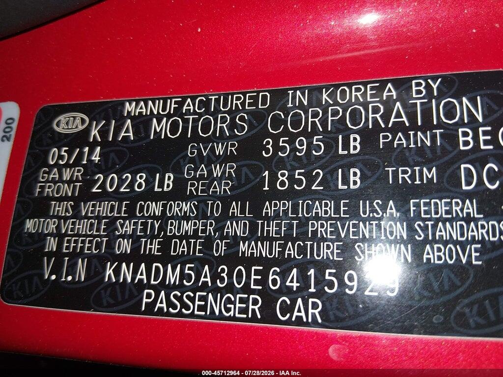 KNADM5A30E6415929 2014 KIA RIO photo no. 9