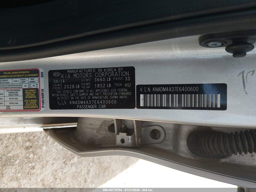KNADM4A37E6400600 2014 KIA RIO photo no. 9