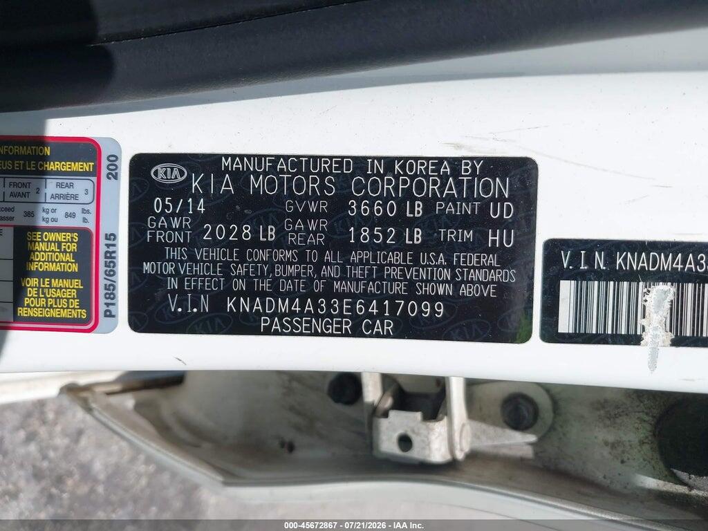 KNADM4A33E6417099 2014 KIA RIO photo no. 9