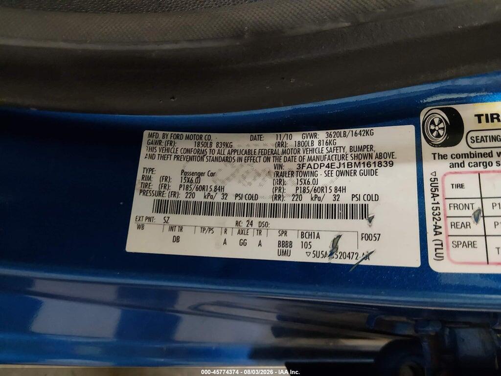 3FADP4EJ1BM161839 2011 FORD FIESTA photo no. 9