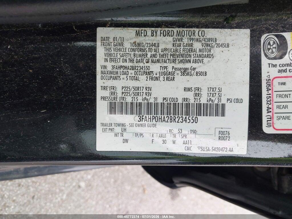 3FAHP0HA2BR234550 2011 FORD FUSION photo no. 9