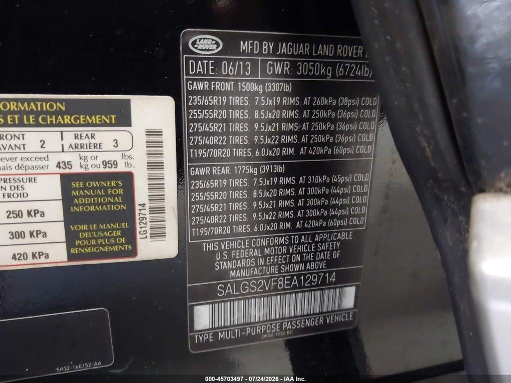SALGS2VF8EA129714 2014 LAND ROVER RANGE ROVER photo no. 9