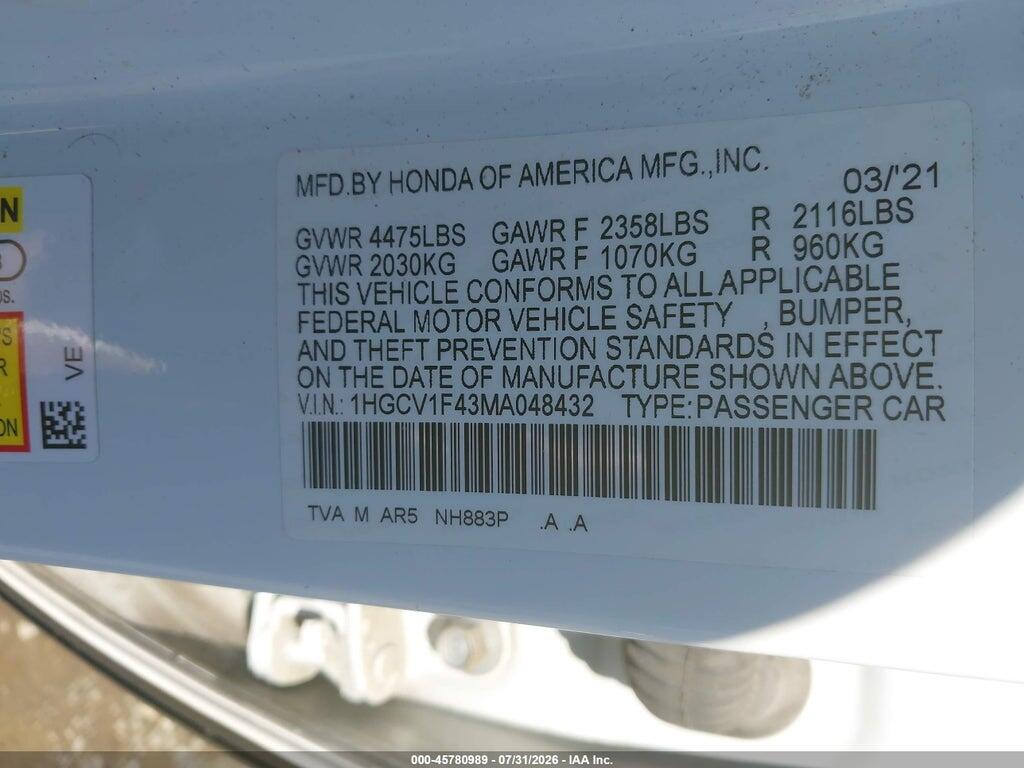 1HGCV1F43MA048432 2021 HONDA ACCORD photo no. 9