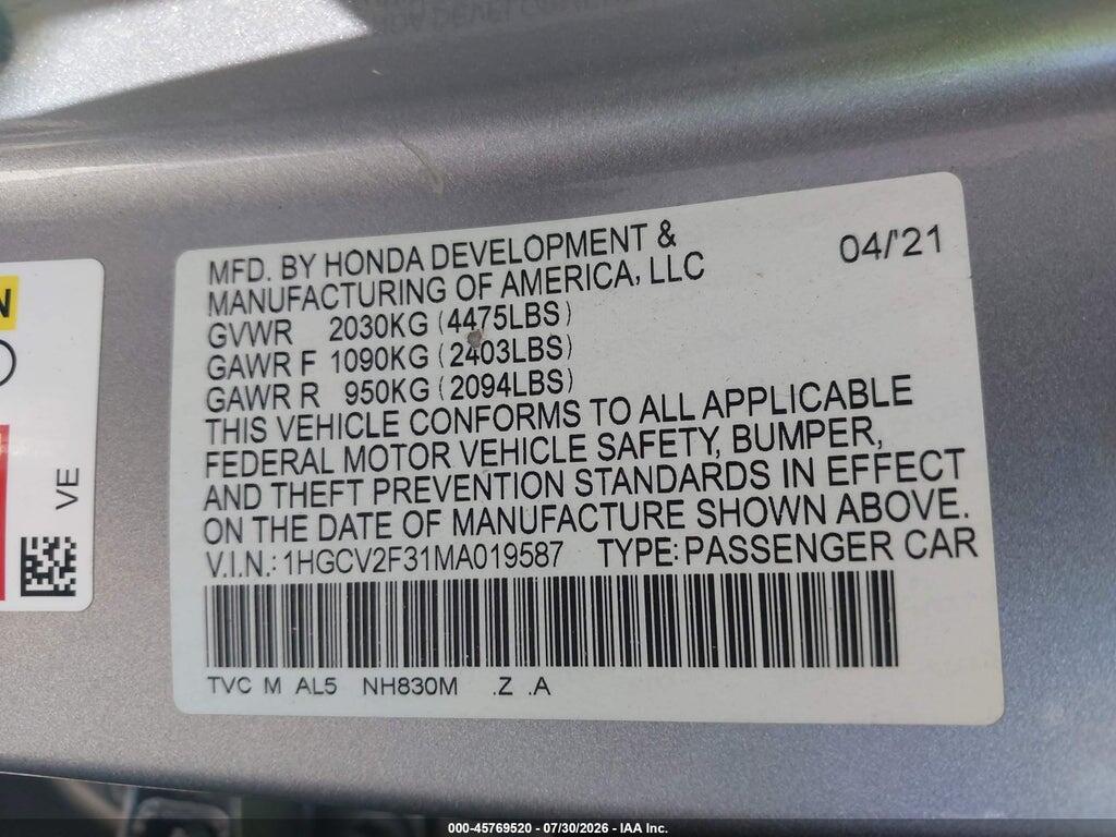 1HGCV2F31MA019587 2021 HONDA ACCORD photo no. 9