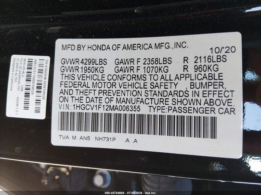 1HGCV1F12MA006355 2021 HONDA ACCORD photo no. 9