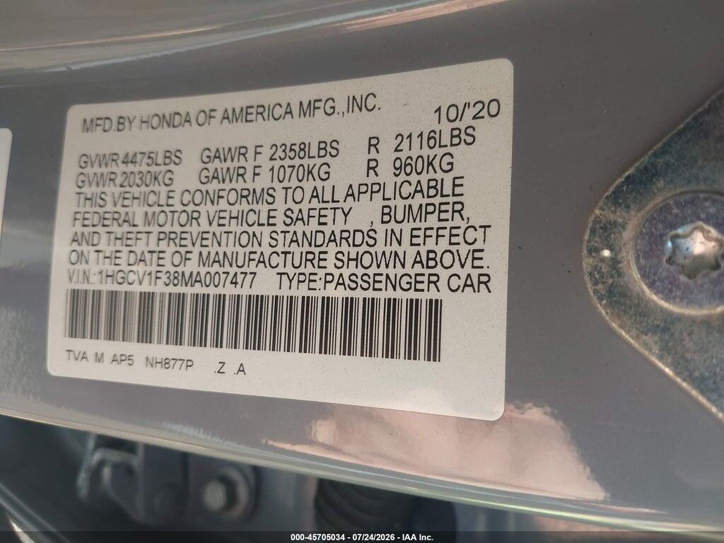 1HGCV1F38MA007477 2021 HONDA ACCORD photo no. 9