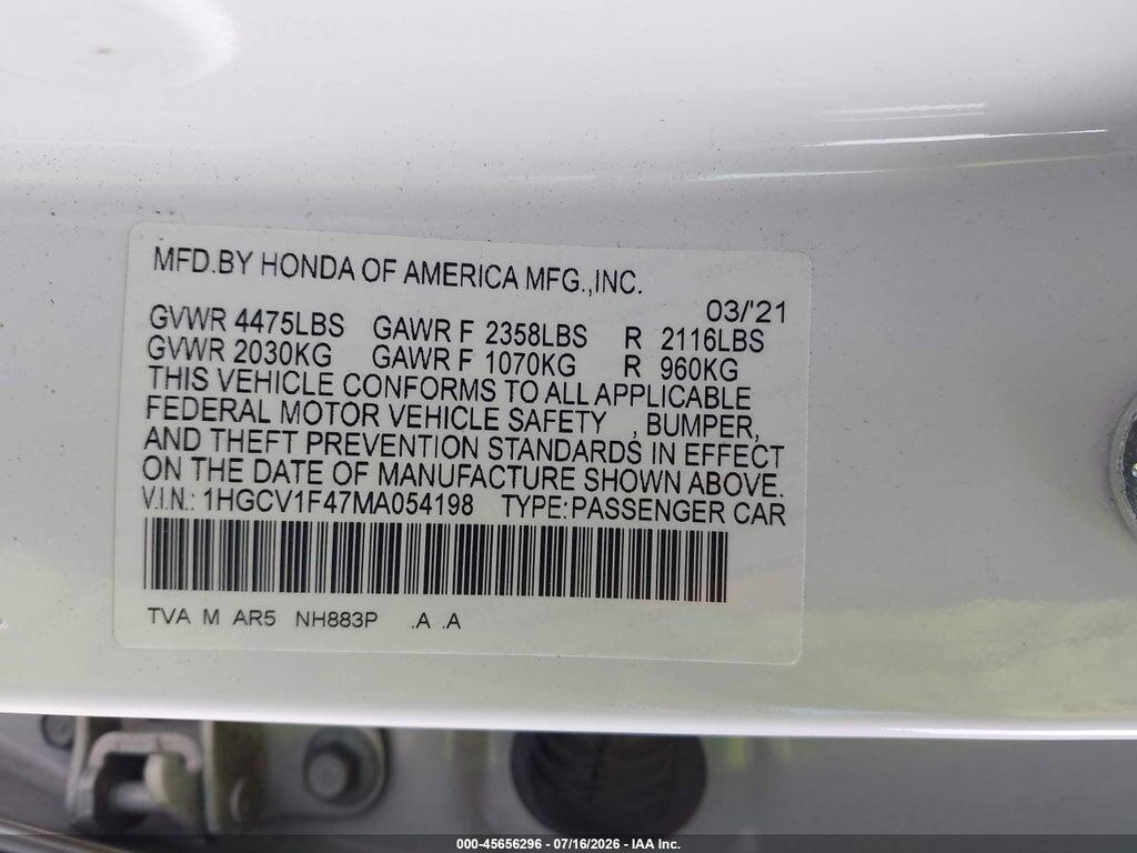 1HGCV1F47MA054198 2021 HONDA ACCORD photo no. 9
