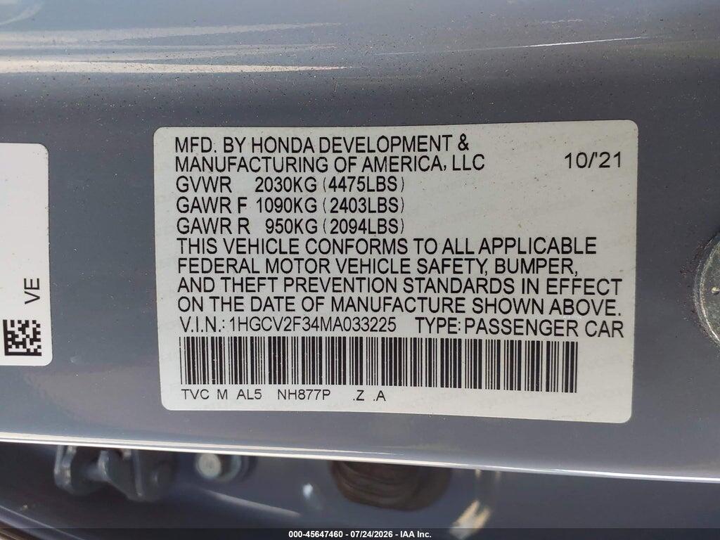 1HGCV2F34MA033225 2021 HONDA ACCORD photo no. 9