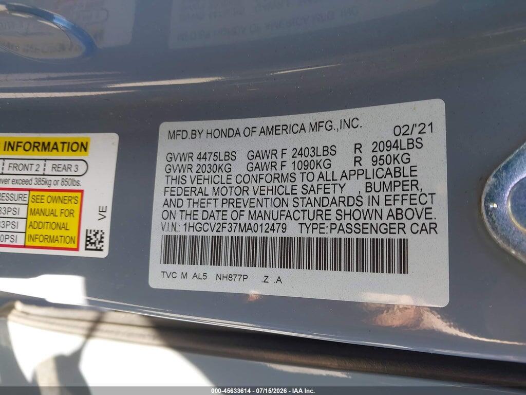 1HGCV2F37MA012479 2021 HONDA ACCORD photo no. 9