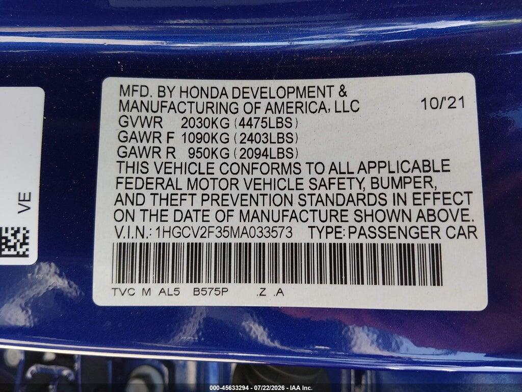 1HGCV2F35MA033573 2021 HONDA ACCORD photo no. 9