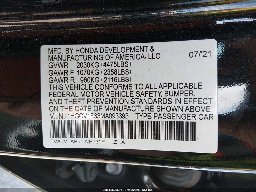 1HGCV1F33MA093393 2021 HONDA ACCORD photo no. 9