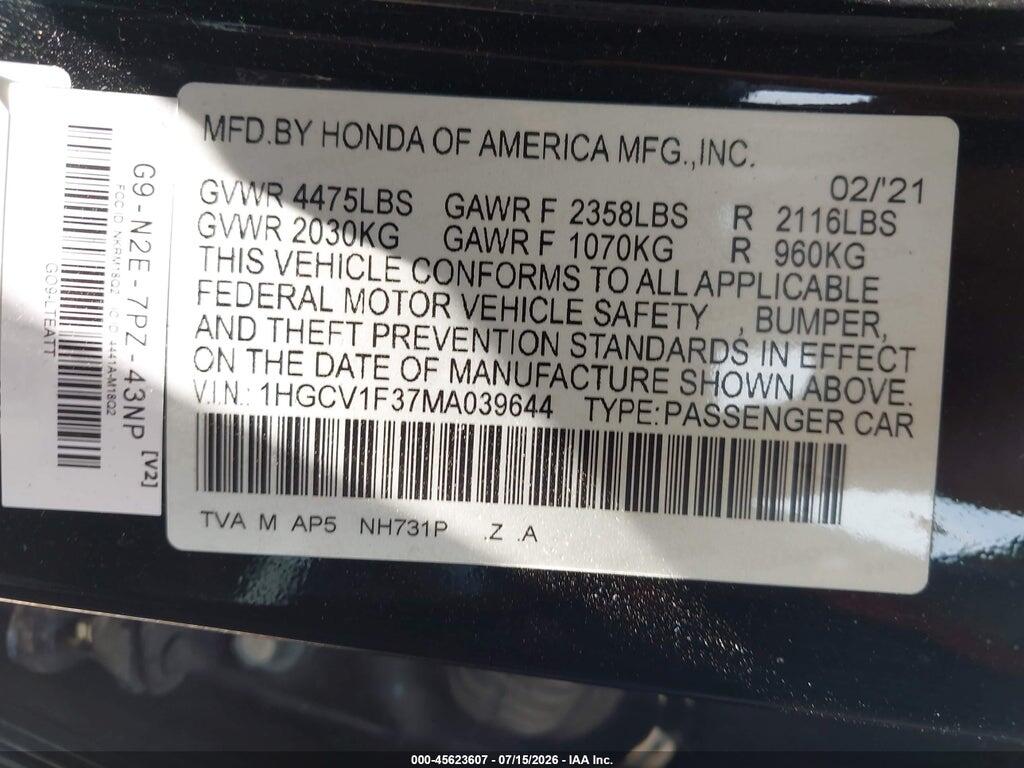 1HGCV1F37MA039644 2021 HONDA ACCORD photo no. 9