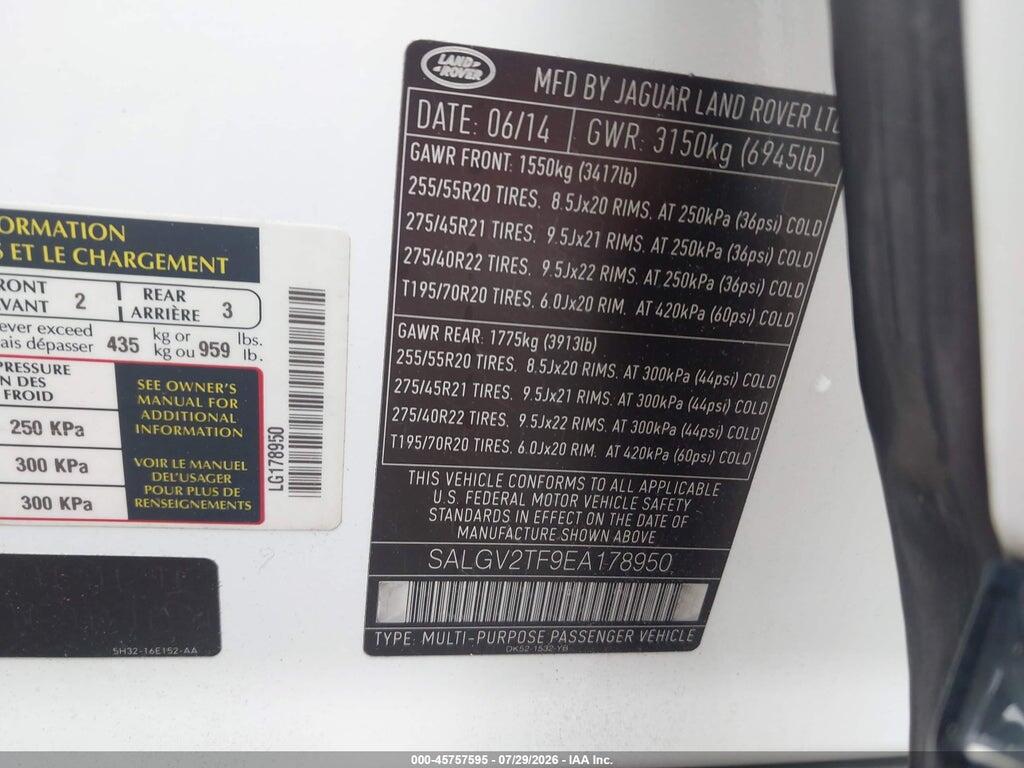 SALGV2TF9EA178950 2014 LAND ROVER RANGE ROVER photo no. 9