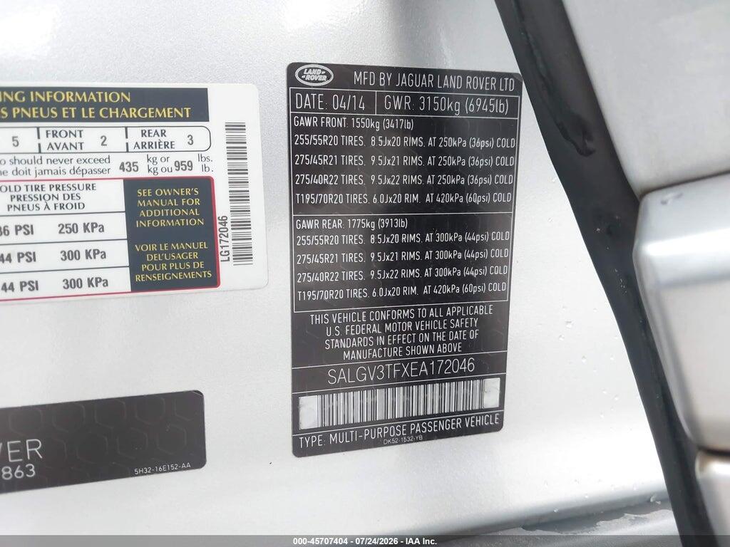 SALGV3TFXEA172046 2014 LAND ROVER RANGE ROVER photo no. 9