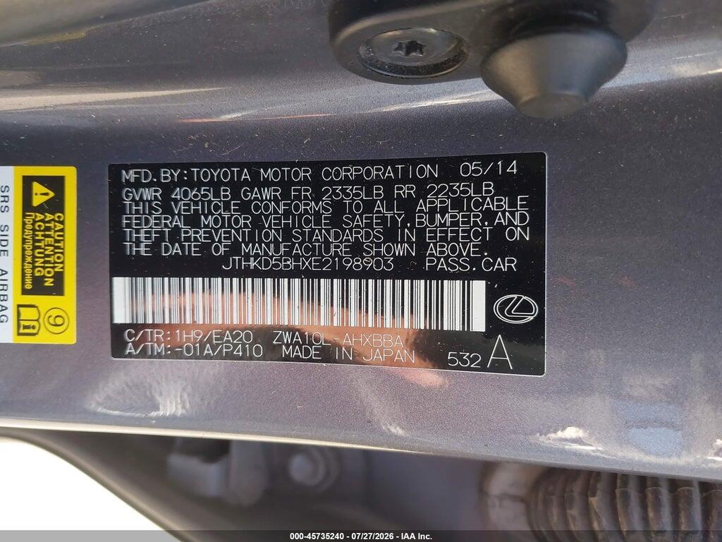 JTHKD5BHXE2198903 2014 LEXUS CT 200H photo no. 9