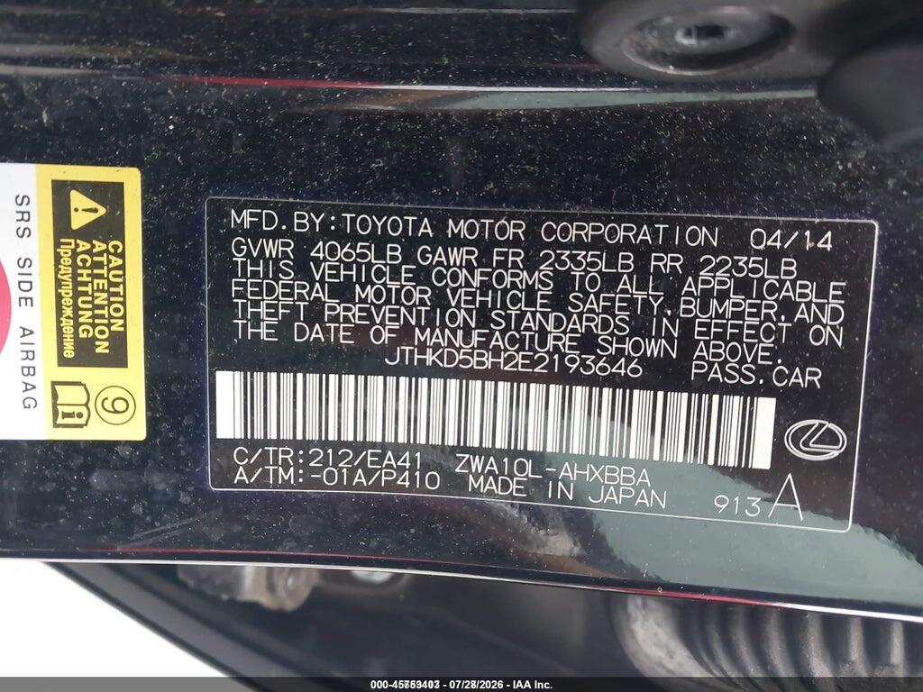 JTHKD5BH2E2193646 2014 LEXUS CT 200H photo no. 9