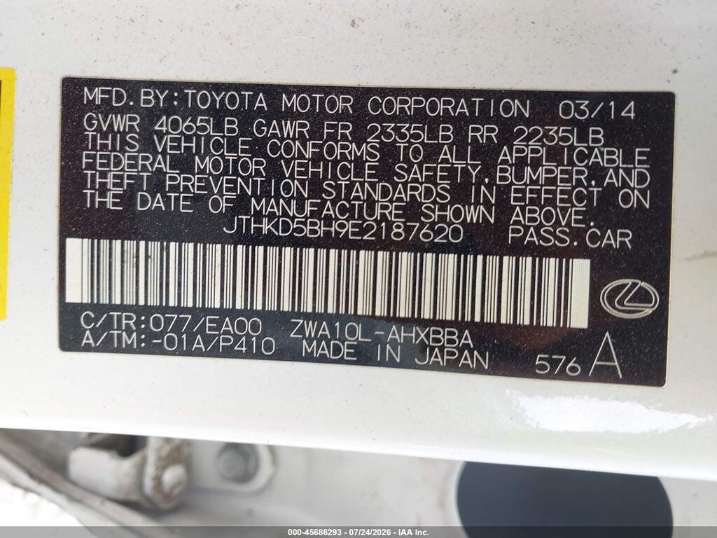 JTHKD5BH9E2187620 2014 LEXUS CT 200H photo no. 9