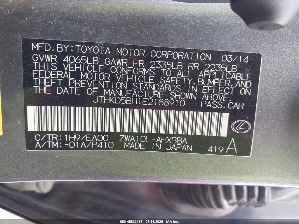 JTHKD5BH1E2188910 2014 LEXUS CT 200H photo no. 9