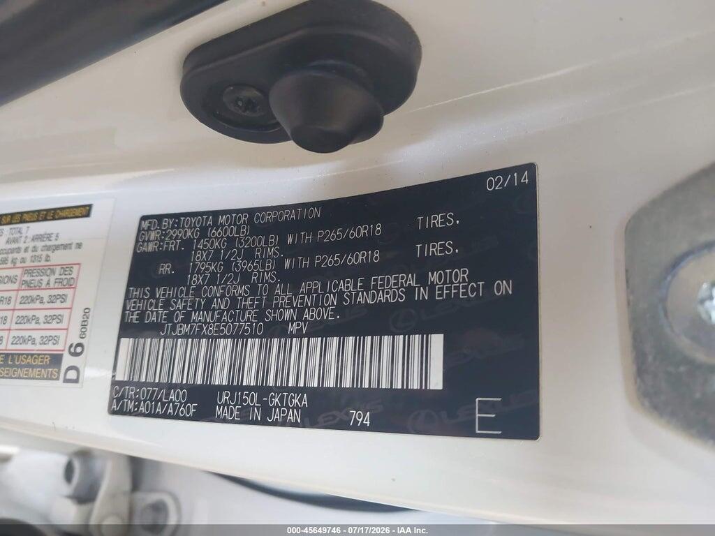 JTJBM7FX8E5077510 2014 LEXUS GX 460 photo no. 9