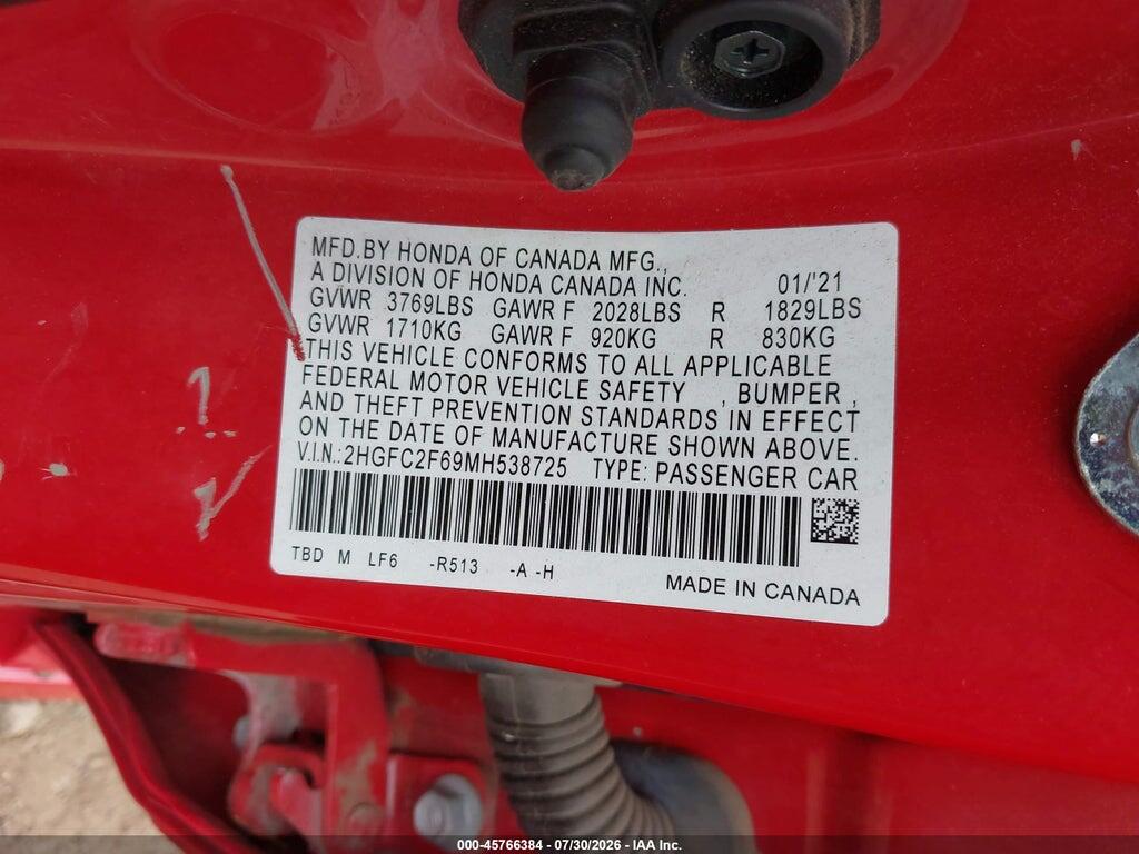 2HGFC2F69MH538725 2021 HONDA CIVIC photo no. 9