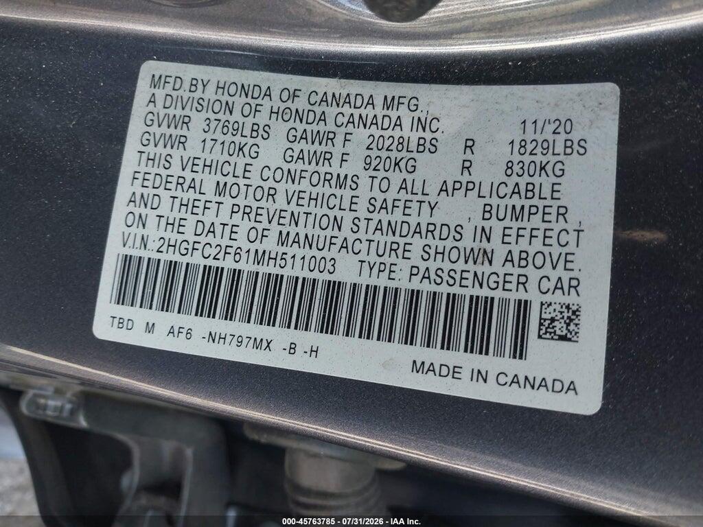 2HGFC2F61MH511003 2021 HONDA CIVIC photo no. 9
