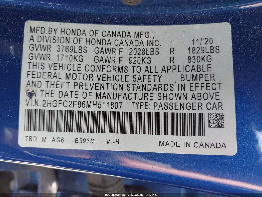 2HGFC2F86MH511807 2021 HONDA CIVIC photo no. 9