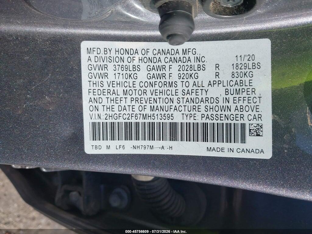 2HGFC2F67MH513595 2021 HONDA CIVIC photo no. 9