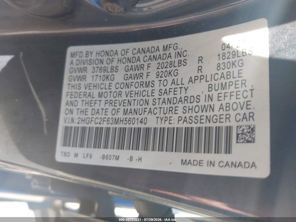 2HGFC2F63MH560140 2021 HONDA CIVIC photo no. 9