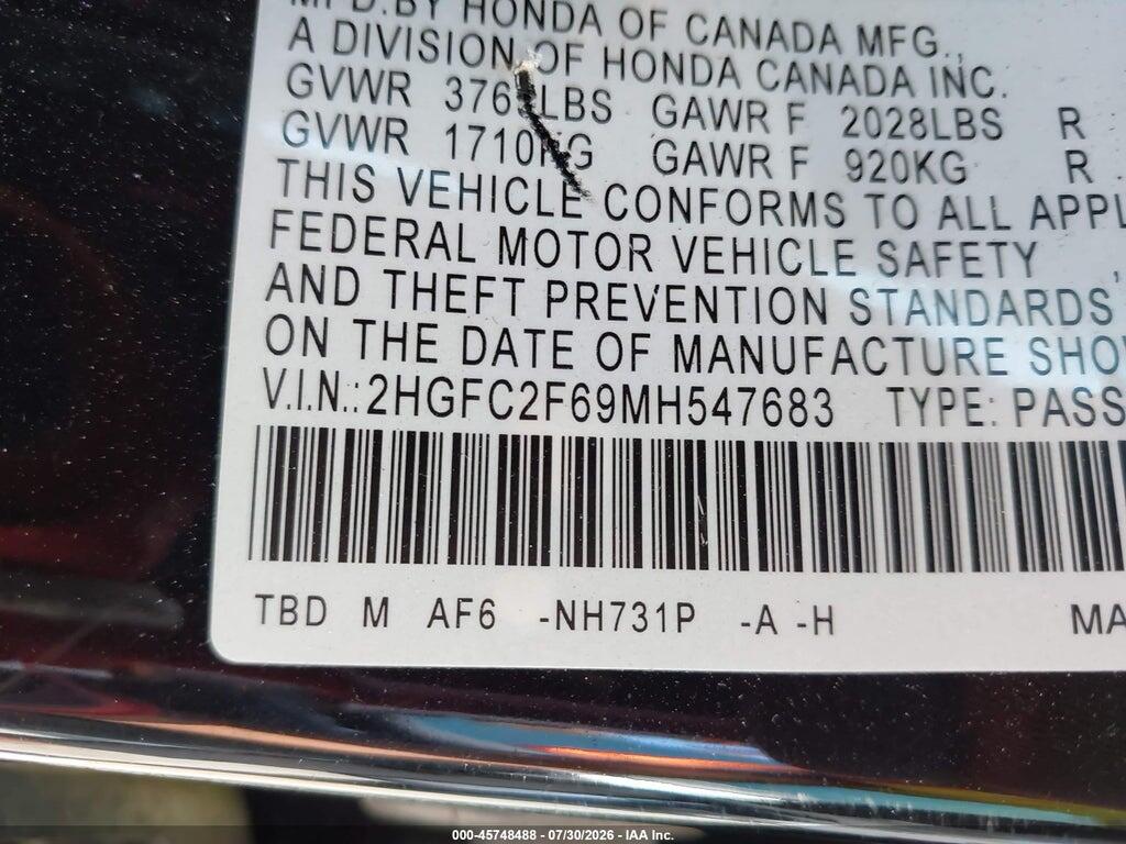 2HGFC2F69MH547683 2021 HONDA CIVIC photo no. 9