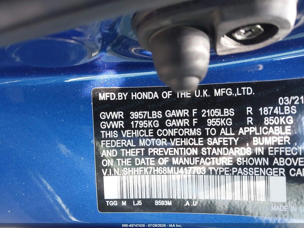 SHHFK7H68MU417703 2021 HONDA CIVIC photo no. 9
