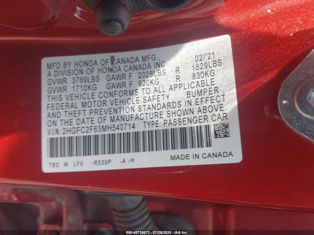 2HGFC2F63MH540714 2021 HONDA CIVIC photo no. 9