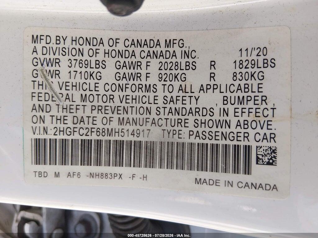 2HGFC2F68MH514917 2021 HONDA CIVIC photo no. 9