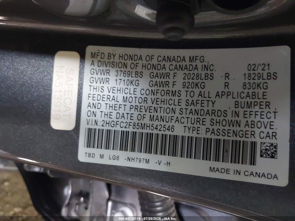 2HGFC2F85MH542546 2021 HONDA CIVIC photo no. 9