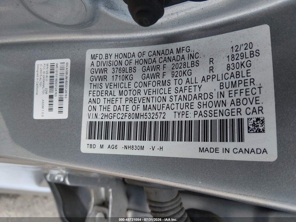 2HGFC2F80MH532572 2021 HONDA CIVIC photo no. 9