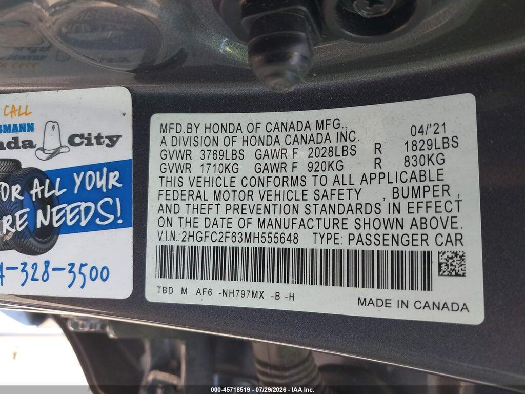 2HGFC2F63MH555648 2021 HONDA CIVIC photo no. 9