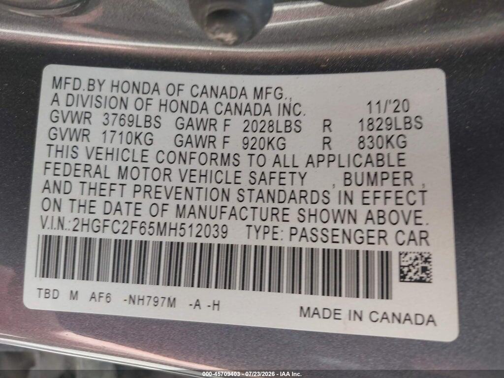 2HGFC2F65MH512039 2021 HONDA CIVIC photo no. 9