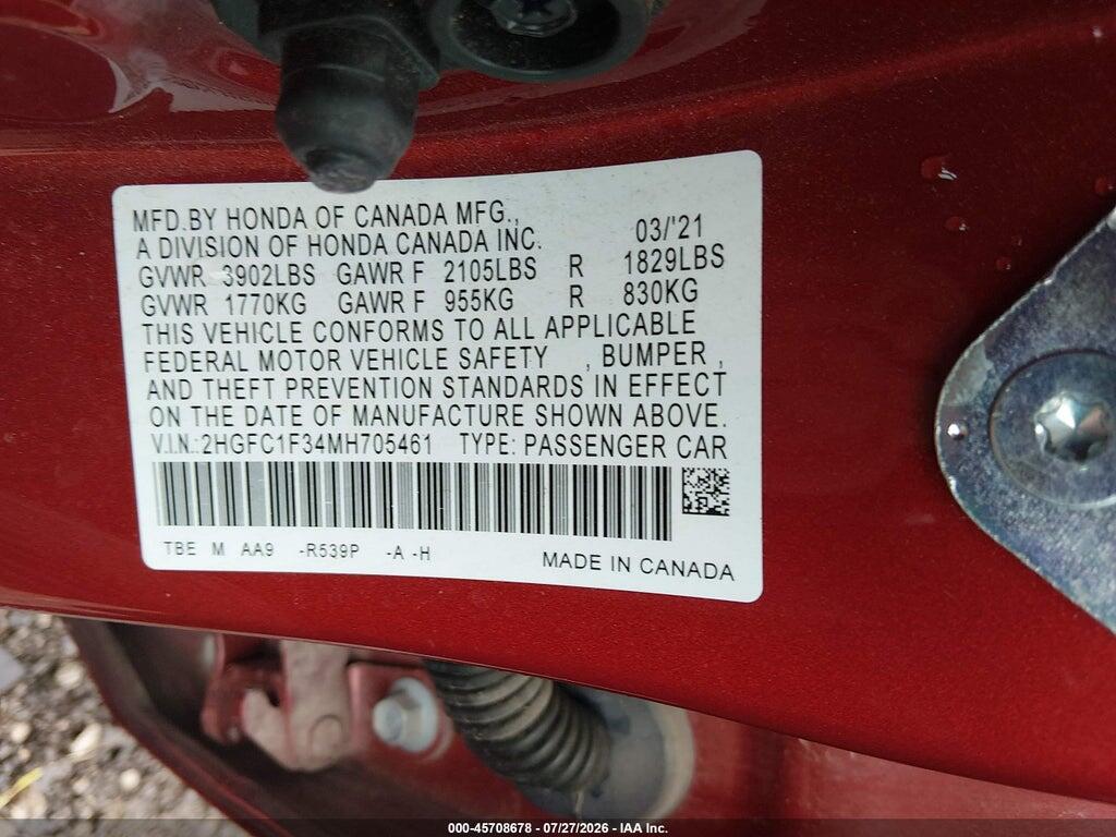 2HGFC1F34MH705461 2021 HONDA CIVIC photo no. 9