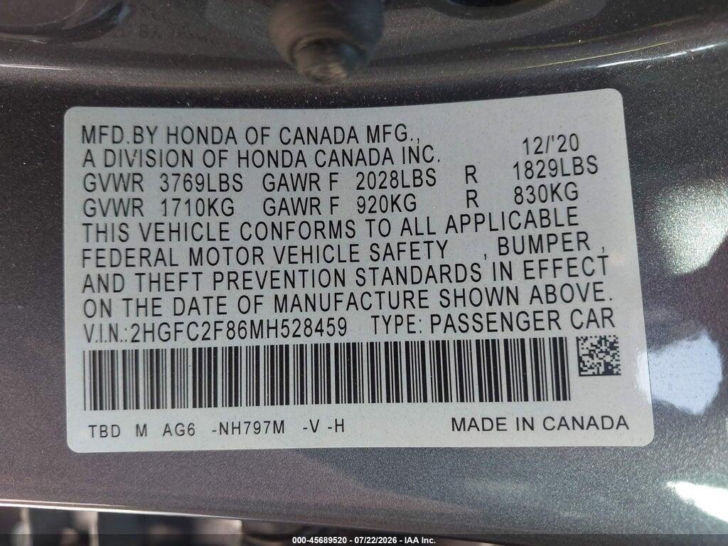 2HGFC2F86MH528459 2021 HONDA CIVIC photo no. 9